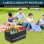 Automaze Trunk Organiser For Cars & SUV's, Foldable 3 Compartment Automotive Storage Box With 10 Pockets, Anti-Slip Velcro, Portable Boot Organiser With Top Lid