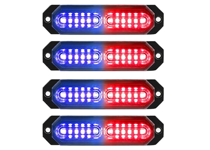 Automaze 4 X 12 LED Each Car Emergency Strobe Flasher Hazard Lights Surface Mount Grill Light Warning External Light for Vehicle Truck Trailer Van DC12-24V Red Blue