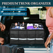 Automaze Trunk Organiser For Cars & SUV's, Foldable 3 Compartment Automotive Storage Box With 10 Pockets, Anti-Slip Velcro, Portable Boot Organiser With Top Lid