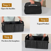 Automaze Trunk Organiser For Cars & SUV's, Foldable 2 Compartment Automotive Storage Box With 10 Pockets, Anti-Slip Velcro, Portable Boot Organiser