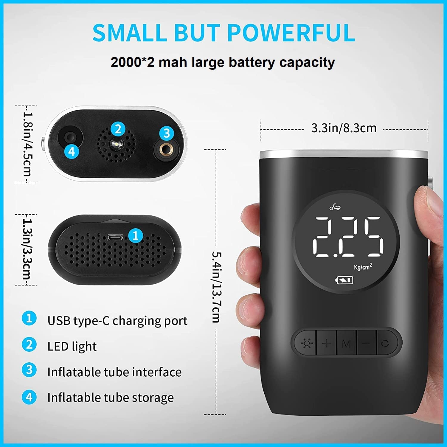 Automaze Portable Air Compressor Smart Tire Inflator- Chargeable Cordless Tyre Inflator/Air Pump With Led Light For Cars, Bikes, Motorcycles Etc, 4.5 X 8.3 X 13.7 centimeters, Black