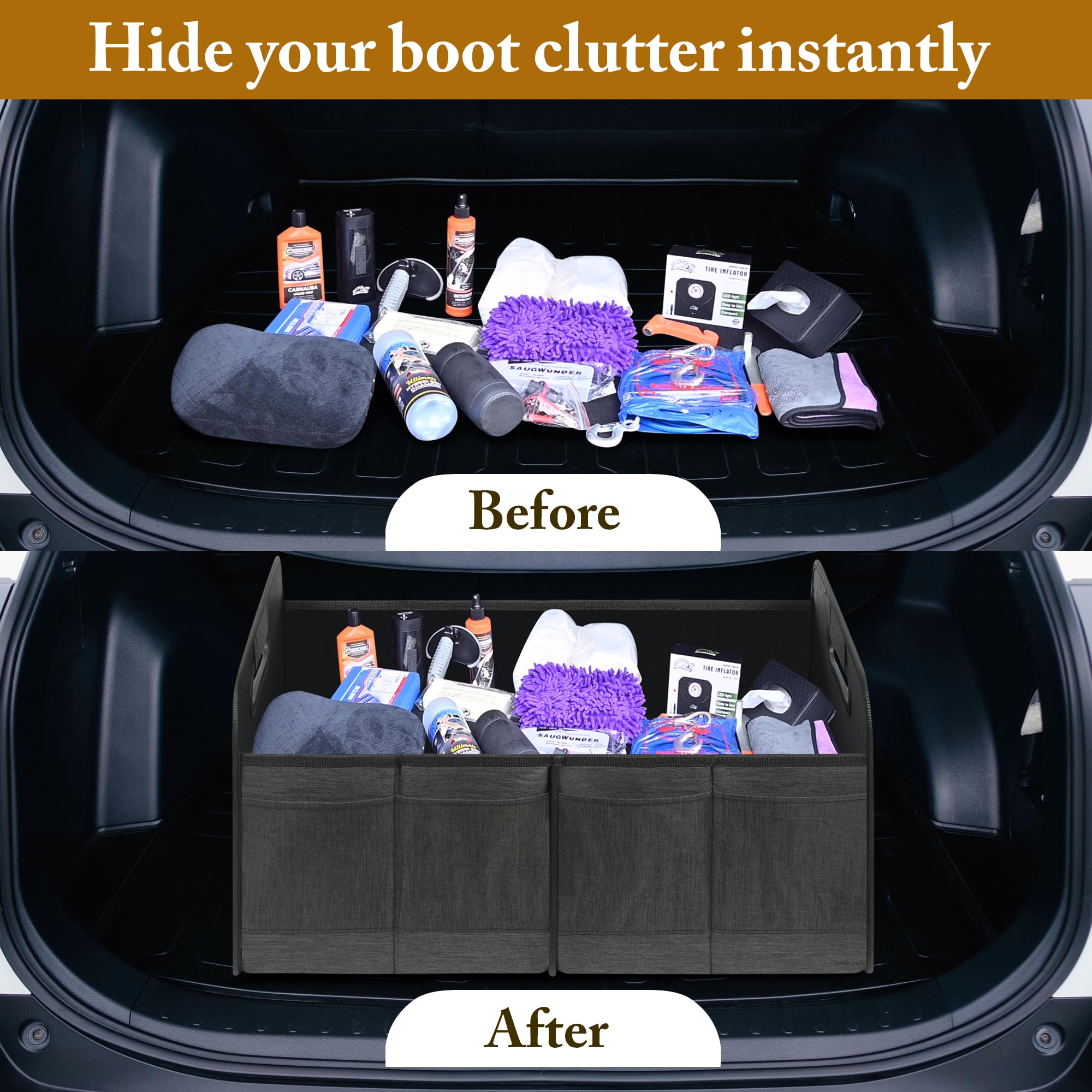 Automaze Trunk Organiser For Cars & SUV's, Foldable 2 Compartment Automotive Storage Box With 10 Pockets, Anti-Slip Velcro, Portable Boot Organiser