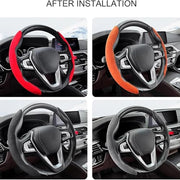 The Automaze suede brown steering wheel cover is installed on the car interior, showing a sporty non-slip grip design.