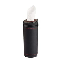 Load image into Gallery viewer, Automaze PU Leather Plus ABS, Car Cylindrical Cup Holder Tissue Holder Box with 3 Ply 40 Pulls Tissues (Black)