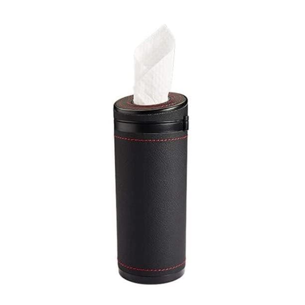 Automaze PU Leather Plus ABS, Car Cylindrical Cup Holder Tissue Holder Box with 3 Ply 40 Pulls Tissues (Black)