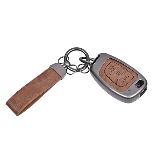 Brown Leather Metal 3 Button Flip Key Cover with zinc alloy body and leather keychain for Hyundai cars