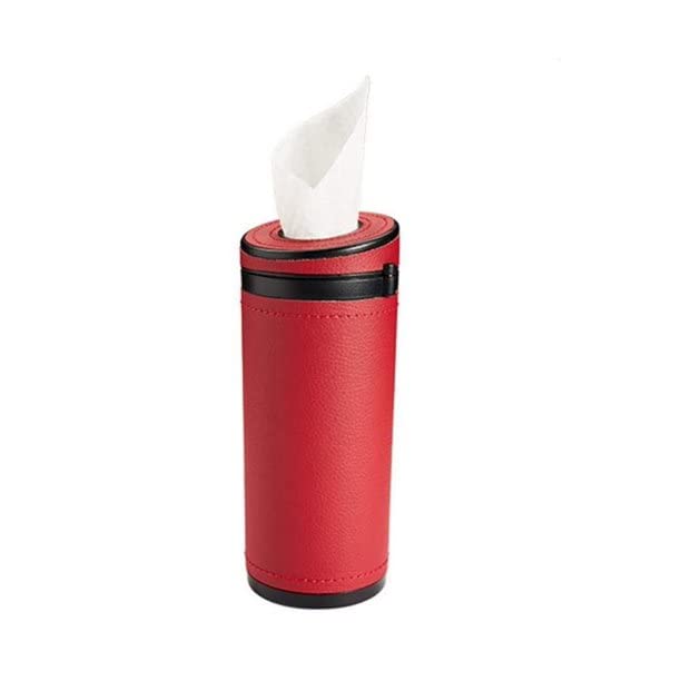Automaze PU Leather Plus ABS, Car Cylindrical Cup Holder Tissue Holder Box with 3 Ply 40 Pulls Tissues (Red)