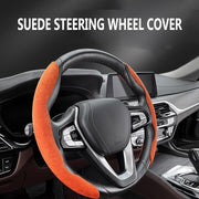 The Automaze suede brown steering wheel cover with anti-slip texture is fitted on the steering wheel interior.