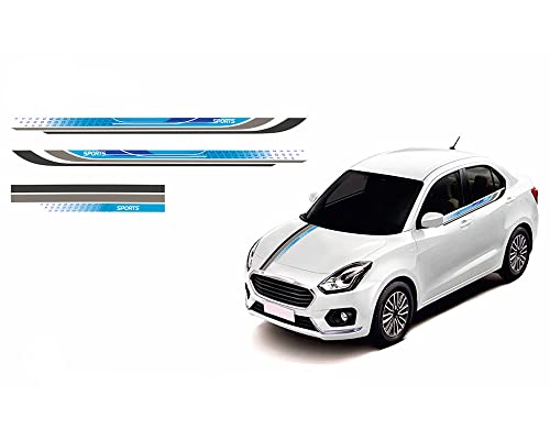 White Maruti Suzuki Dzire car with blue and grey Automaze Car Decal Racing Sticker applied on side body panels and bonnet.