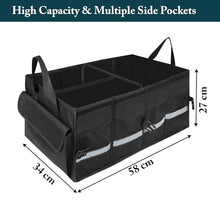 Load image into Gallery viewer, Automaze Trunk Organiser For Cars &amp; SUV&#39;s, Foldable 3 Compartment Automotive Storage Box With 10 Pockets, Anti-Slip Velcro, Portable Boot Organiser With Top Lid