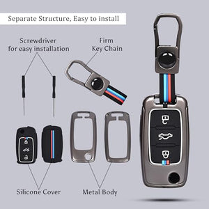 Automaze Metal 3 Button Flip Key Cover Compatible with Volkswagen Cars with 3 Front Buttons (Zinc Alloy + Silicone, 3 Button), VW-A Model