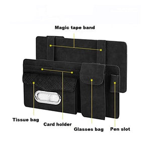 Automaze Suede Sun Visor Organizer Tissue Napkin Box Holder, with Sunglass Holder, Card Slot, Pen Holder