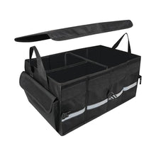 Load image into Gallery viewer, Automaze Trunk Organiser For Cars &amp; SUV&#39;s, Foldable 3 Compartment Automotive Storage Box With 10 Pockets, Anti-Slip Velcro, Portable Boot Organiser With Top Lid