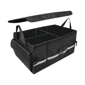 Automaze Trunk Organiser For Cars & SUV's, Foldable 3 Compartment Automotive Storage Box With 10 Pockets, Anti-Slip Velcro, Portable Boot Organiser With Top Lid