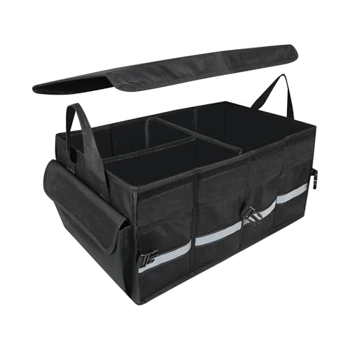 Automaze Trunk Organiser For Cars & SUV's, Foldable 3 Compartment Automotive Storage Box With 10 Pockets, Anti-Slip Velcro, Portable Boot Organiser With Top Lid