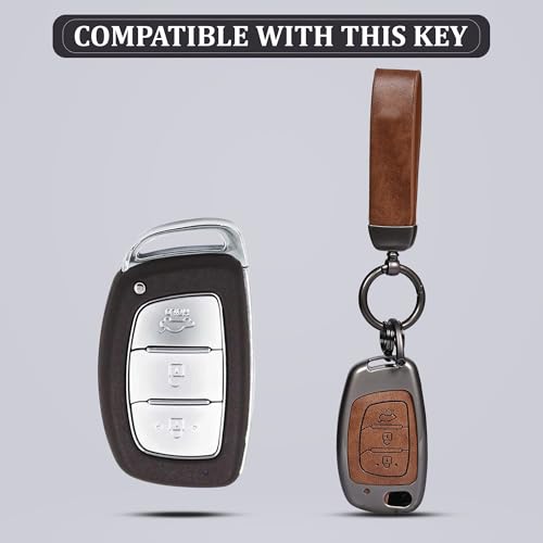 Brown Leather Metal 3 Button Flip Key Cover with zinc alloy body and leather keychain for Hyundai cars