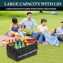 Load image into Gallery viewer, Automaze Trunk Organiser For Cars &amp; SUV&#39;s, Foldable 3 Compartment Automotive Storage Box With 10 Pockets, Anti-Slip Velcro, Portable Boot Organiser With Top Lid