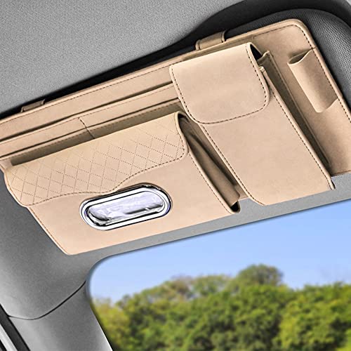 Automaze Suede Sun Visor Organizer Tissue Napkin Box Holder, with Sunglass Holder, Card Slot, Pen Holder