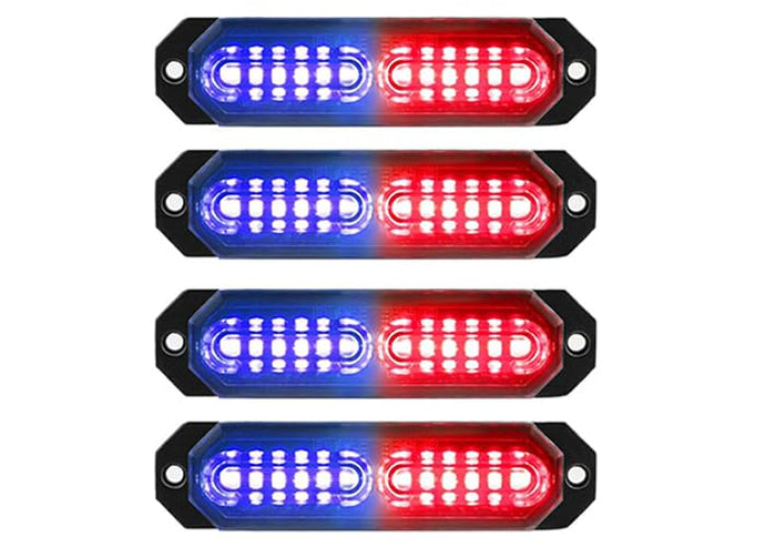 Automaze 4 X 12 LED Each Car Emergency Strobe Flasher Hazard Lights Surface Mount Grill Light Warning External Light for Vehicle Truck Trailer Van DC12-24V Red Blue