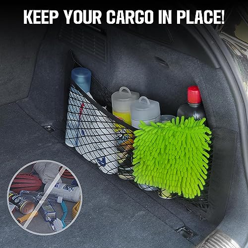 Automotive car trunk cargo net organizer pouch for storing tools and essentials