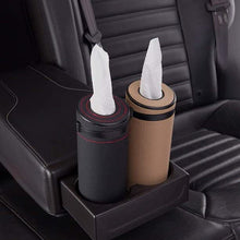 Load image into Gallery viewer, Automaze PU Leather Plus ABS, Car Cylindrical Cup Holder Tissue Holder Box with 3 Ply 40 Pulls Tissues (Beige)