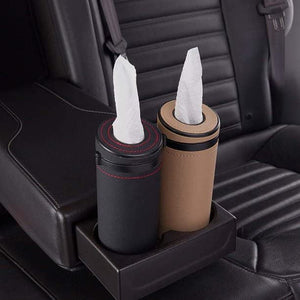Automaze PU Leather Plus ABS, Car Cylindrical Cup Holder Tissue Holder Box with 3 Ply 40 Pulls Tissues (Beige)