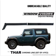 Load image into Gallery viewer, Automaze Side Wind-ow Deflector Rain Door Visor Compatible for Mahindra Thar 2020+ Models| Chrome/Silver Line, Warranty, Set of 4 Pc, Unbreakable Material