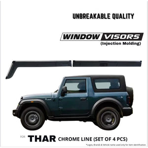 Automaze Side Wind-ow Deflector Rain Door Visor Compatible for Mahindra Thar 2020+ Models| Chrome/Silver Line, Warranty, Set of 4 Pc, Unbreakable Material