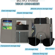 Multi-pocket car sun visor organizer showing card slots, zipper and mesh net