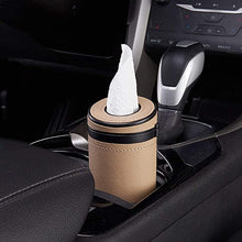 Load image into Gallery viewer, Automaze PU Leather Plus ABS, Car Cylindrical Cup Holder Tissue Holder Box with 3 Ply 40 Pulls Tissues (Beige)