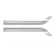 A set of two shiny chrome or stainless steel car side door beading strips, with a curved "hockey stick" shape at one end.