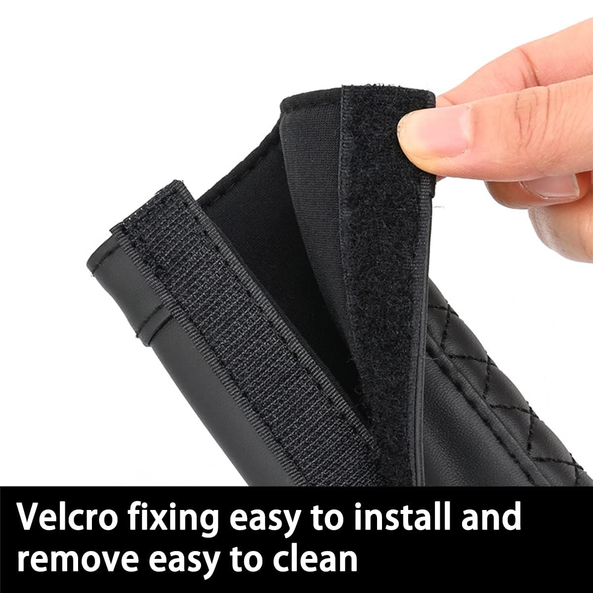 A soft black Seat Belt Pad installed on car seat belt to reduce shoulder and neck pressure