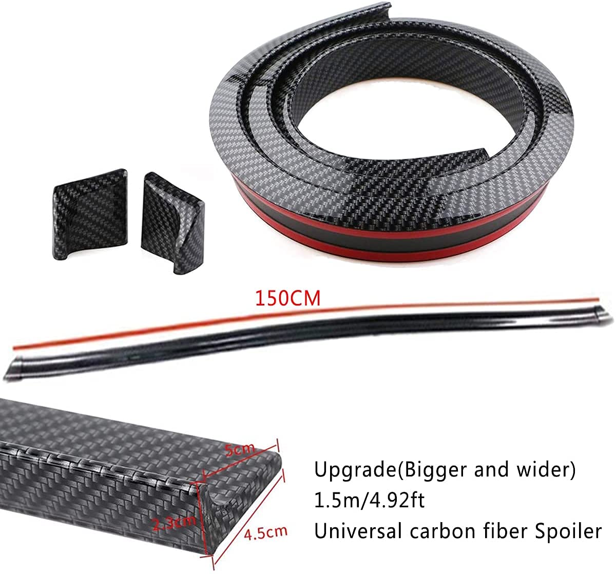 Automaze Upgraded 1.5m/4.92ft Universal Black Carbon Fiber Trunk Spoiler Lip Kit, Car Rubber Strip Bar Spoiler Tail-Fin Rear Wing Tailgate Fit for Most Cars(4.5cm x 1.5M)