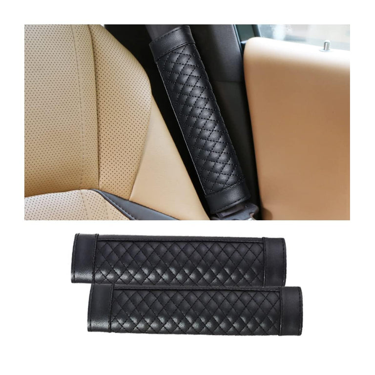 A soft black Seat Belt Pad installed on car seat belt to reduce shoulder and neck pressure