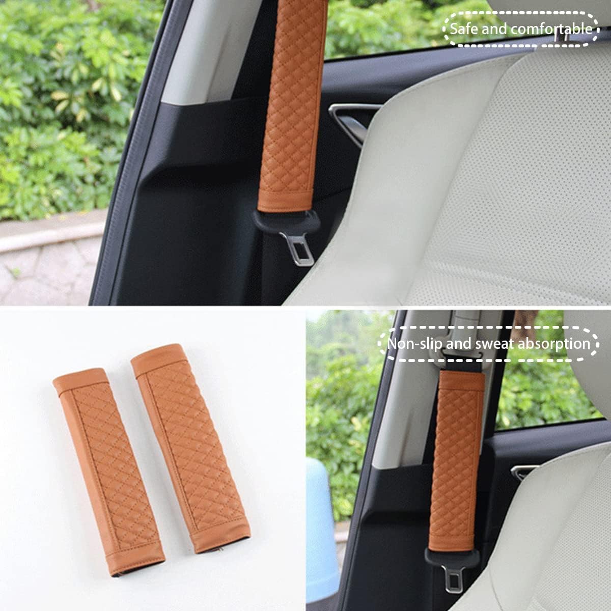 Soft Seat Belt Pad: Set of two leather seat belt cushions for car use