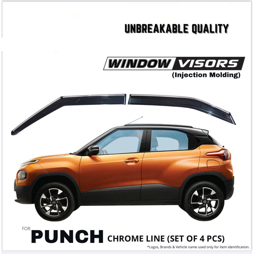 Automaze Side Wind-ow Deflector Rain Door Visor Compatible for Tata Punch All Models| Chrome/Silver Line, Warranty, Set of 4 Pc, Unbreakable Material