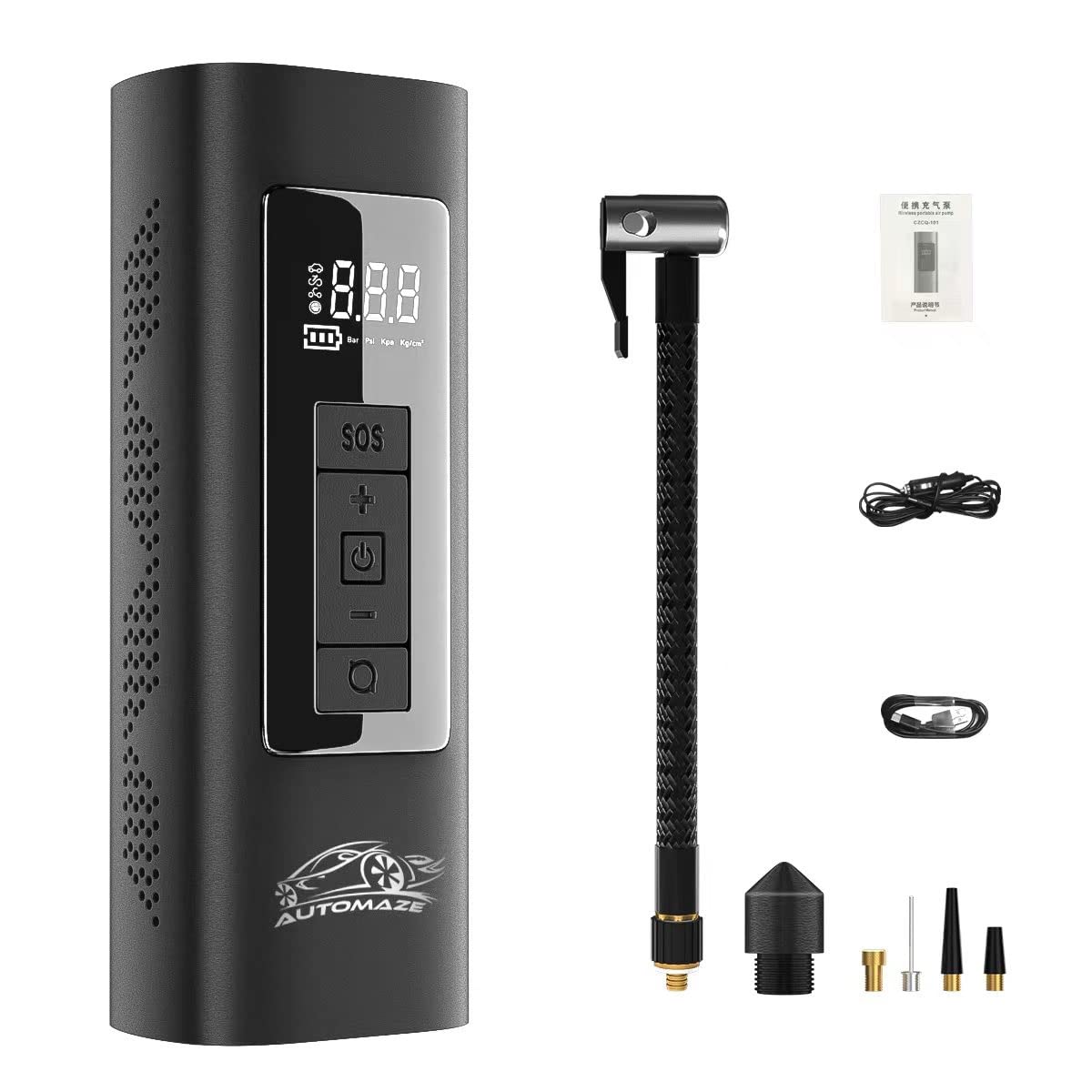 Automaze Portable Air Compressor Smart Tire Inflator- 150psi Cordless Mini Rechargeable Electric Digital Air Pump with Led Light for Car Tires, Bikes, Motorcycles, Balloons, Balls