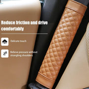 Soft Seat Belt Pad installed on car seat belt showing quilted PU leather comfort