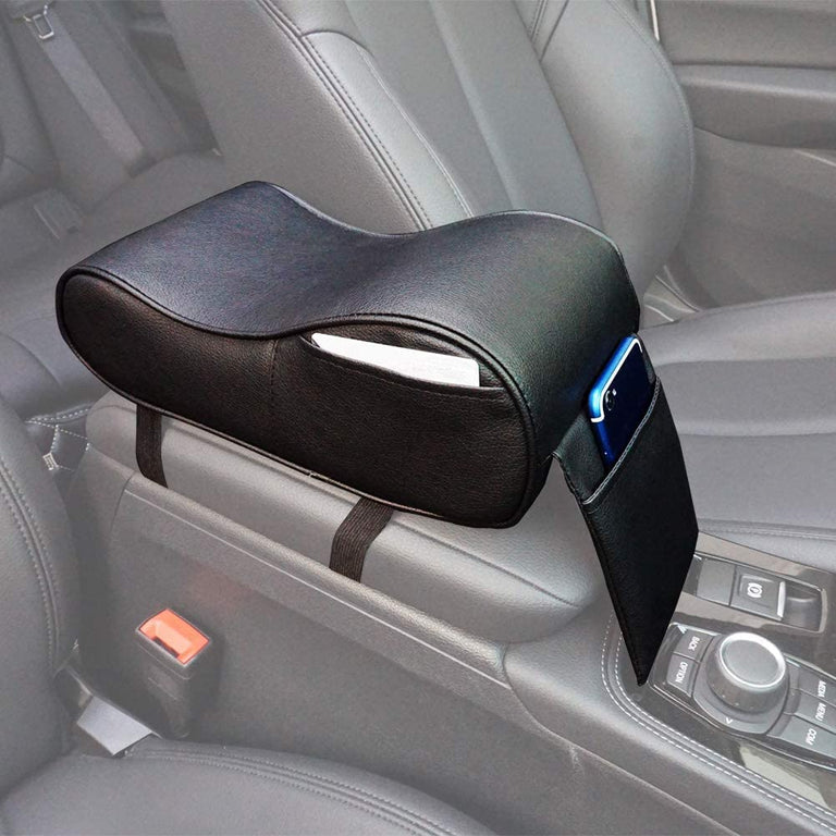 Automaze Center Console Armrest Thick Cushion,Soft Memory Foam PU Leather Height Arm Rest Pad with Phone Pocket Storage Bag