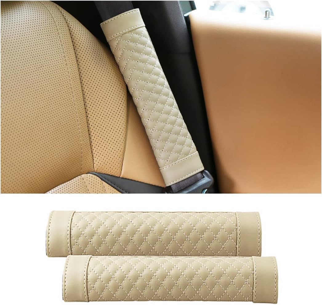 Automaze Soft Seat Belt Pad for Car, 2 Pack Leather Seatbelt Cover Cushions, Shoulder Strap Pads for Cushioned Driving, Car Interior Accessories (Beige)
