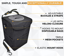Load image into Gallery viewer, Automaze Car Trash Can Bag | Tough Interior Waste Basket With Collapsible Storage Walls | Waterproof Hanging Car Dustbin Bag | Car Garbage Can With Mesh Pockets Manual-Lift &amp; Rubber Closing Lid