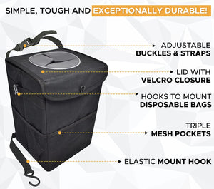 Automaze Car Trash Can Bag | Tough Interior Waste Basket With Collapsible Storage Walls | Waterproof Hanging Car Dustbin Bag | Car Garbage Can With Mesh Pockets Manual-Lift & Rubber Closing Lid