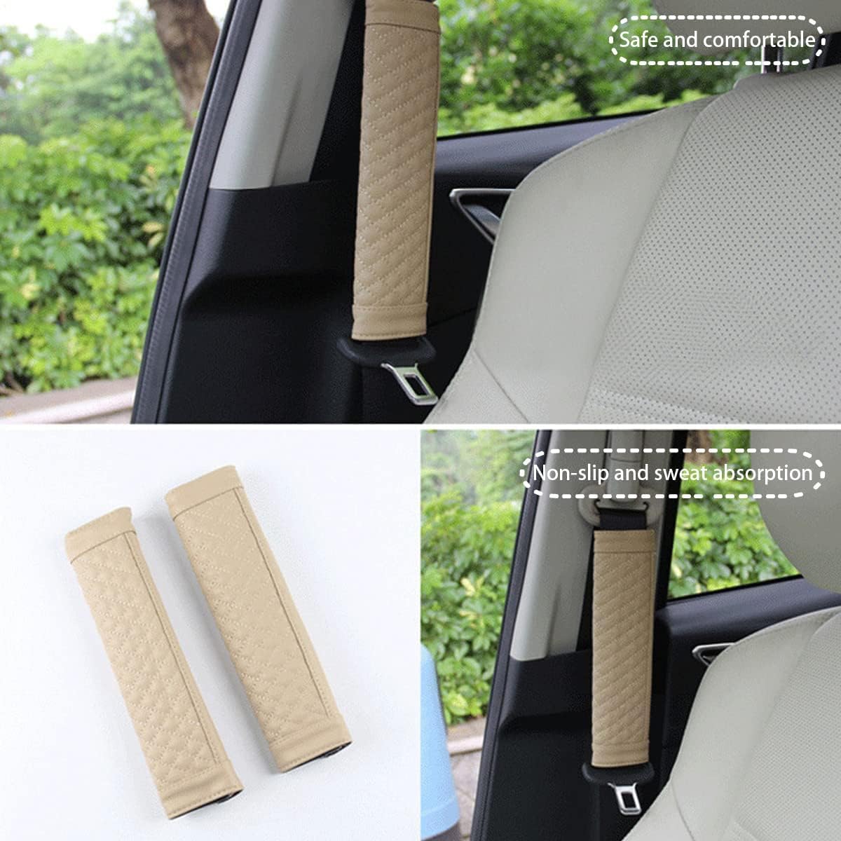 Soft Seat Belt Pad beige set of two leather seat belt cushions for car use