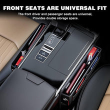 Load image into Gallery viewer, Automaze Car Seat Gap Filler Organizer – Premium Leather, Adjustable Storage Box Organiser for Phones, Wallets, Keys &amp; More – Universal Fit for Cars