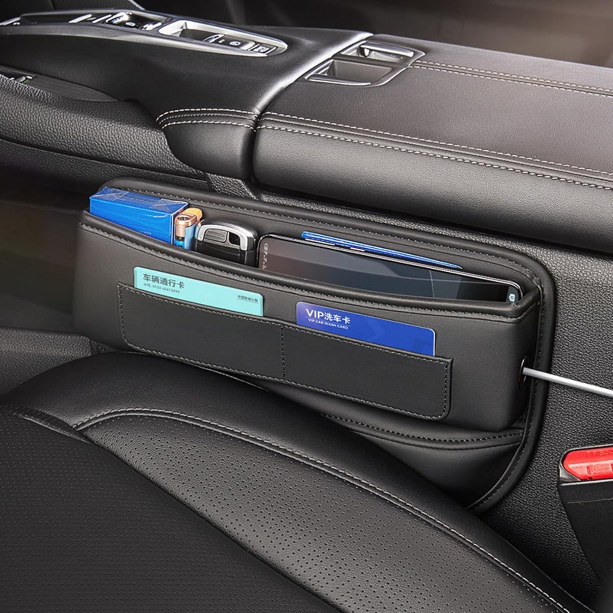 Automaze Car Seat Gap Filler Organizer – Premium Leather, Adjustable Storage Box Organiser for Phones, Wallets, Keys & More – Universal Fit for Cars