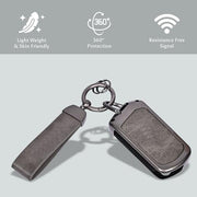 Mahindra 3 Button Flip Key cover with metal body and PU leather strap with a grey finish