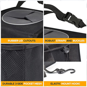 Automaze Car Trash Can Bag | Tough Interior Waste Basket With Collapsible Storage Walls | Waterproof Hanging Car Dustbin Bag | Car Garbage Can With Mesh Pockets Manual-Lift & Rubber Closing Lid