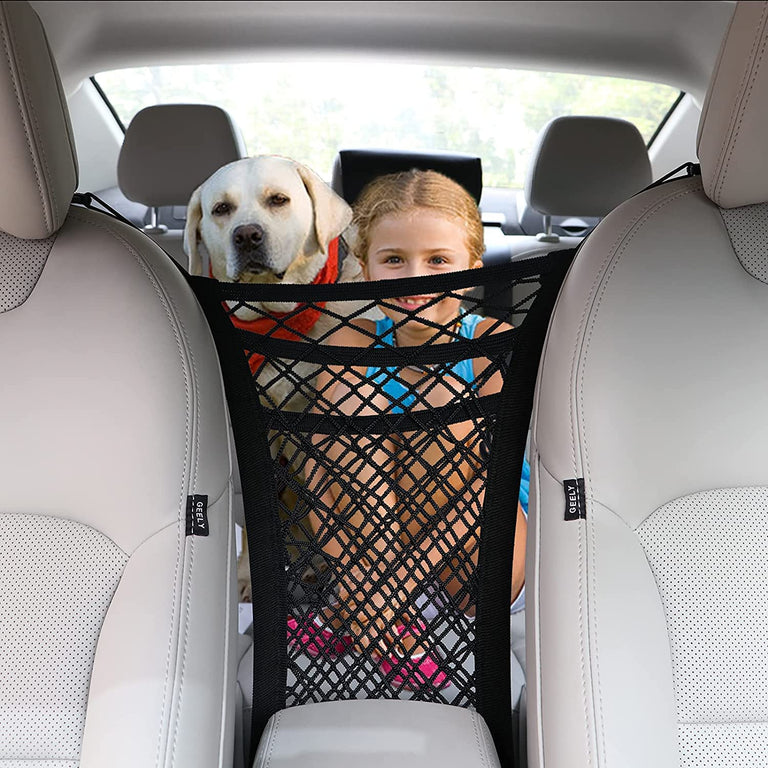 Car Mesh Organizer Between Seats separating front and rear seats for safety.