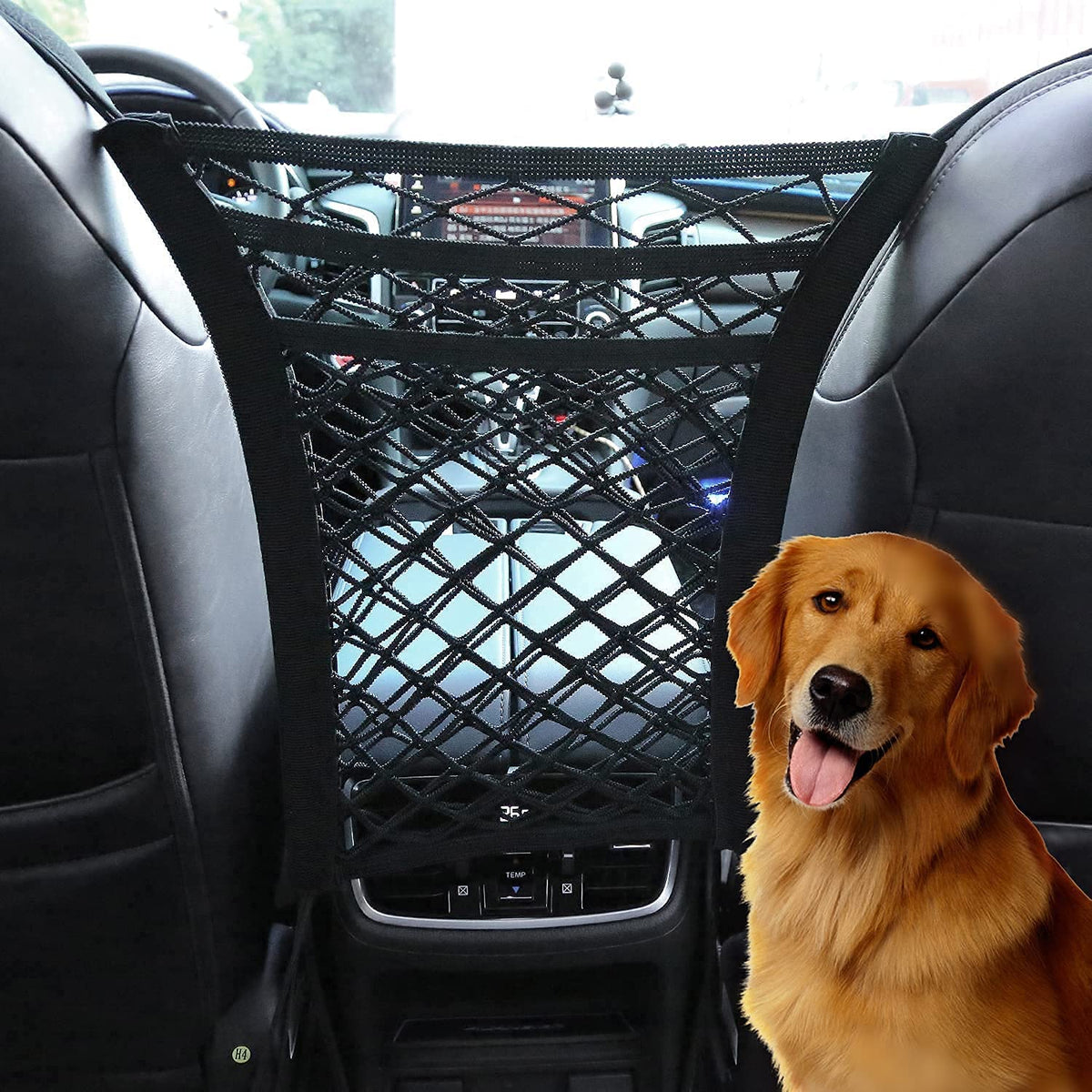 Car Mesh Organizer Between Seats separating front and rear seats for safety.