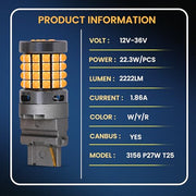 3156 T25 Canbus LED Bulb 22.3W 2222LM amber product specifications with voltage and power details